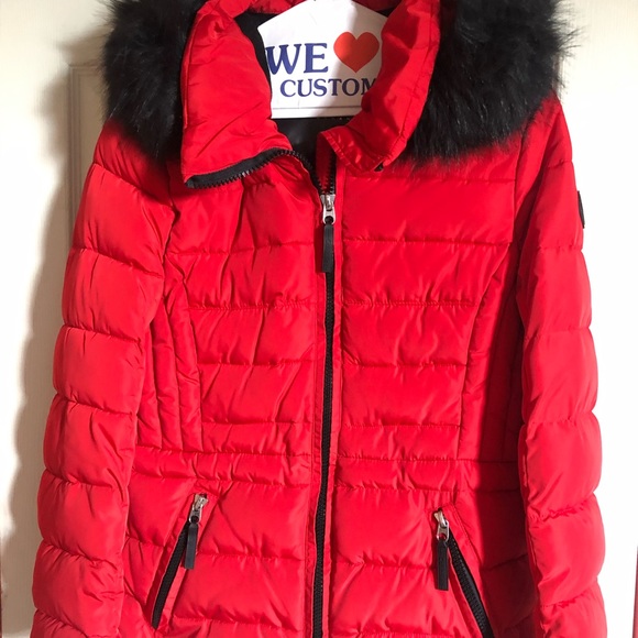 red faux fur puffer jacket